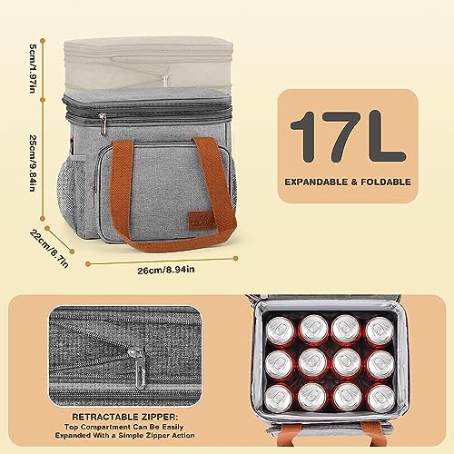 Xexxvre Lunch Box For Men Women,17L Insulated Lunch Bag Women, Expandable Double Deck Lunch Cooler Bag,Lightweight Leakproof Lunch Tote Bag, Suit For Work Travel Grey Light gray