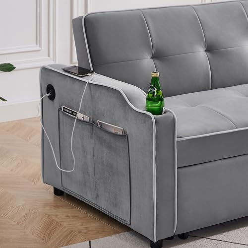 Convertible Futon Couch with USB Ports,Velvet Pull Out Sleeper Sofa Bed with Cup Holders and Pockets,3 in 1 Modern Loveseat with Adjustable Backrest,Small Love Seat for Living Room,Office,Grey