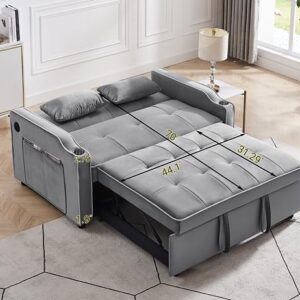 Convertible Futon Couch with USB Ports,Velvet Pull Out Sleeper Sofa Bed with Cup Holders and Pockets,3 in 1 Modern Loveseat with Adjustable Backrest,Small Love Seat for Living Room,Office,Grey