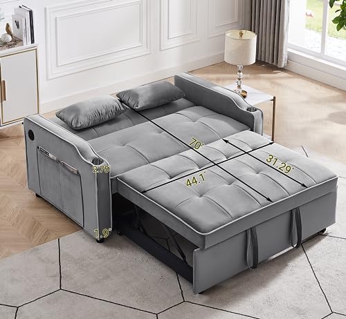 Convertible Futon Couch with USB Ports,Velvet Pull Out Sleeper Sofa Bed with Cup Holders and Pockets,3 in 1 Modern Loveseat with Adjustable Backrest,Small Love Seat for Living Room,Office,Grey