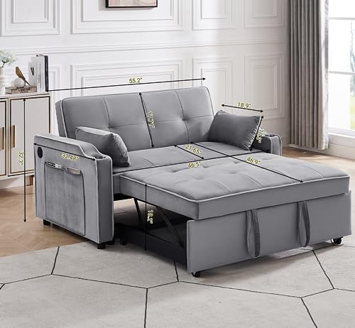 Convertible Futon Couch with USB Ports,Velvet Pull Out Sleeper Sofa Bed with Cup Holders and Pockets,3 in 1 Modern Loveseat with Adjustable Backrest,Small Love Seat for Living Room,Office,Grey