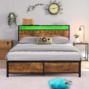 anwick metal full bed frame with storage headboard and 2 usb ports,industrial bed frame full size with led lights and underneath storage,noise free, no box spring needed(full)