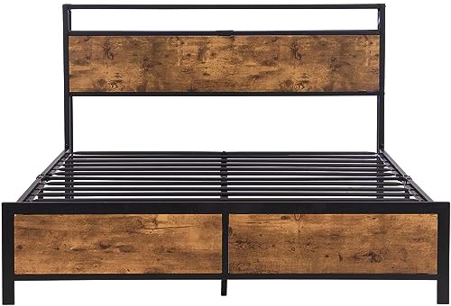 Anwick Metal Full Bed Frame with Storage Headboard and 2 USB Ports,Industrial Bed Frame Full Size with LED Lights and Underneath Storage,Noise Free, No Box Spring Needed(Full)