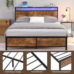 Anwick Metal Full Bed Frame with Storage Headboard and 2 USB Ports,Industrial Bed Frame Full Size with LED Lights and Underneath Storage,Noise Free, No Box Spring Needed(Full)