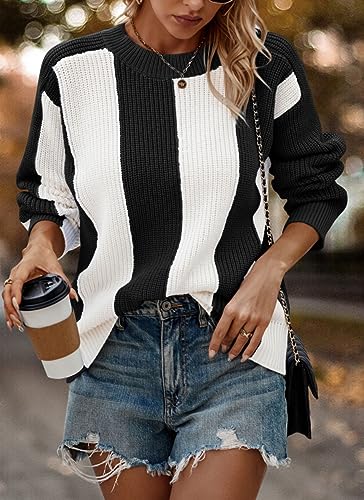 PRETTYGARDEN Women's 2023 Fall Knit Pullover Sweater Casual Long Sleeve Color Block Jumper Blouse Tops (Black,Large)