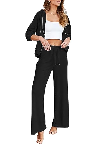 Kisscynest Women's 2 Piece Outfits Lounge Set Zip Up Hoodies High Waist Wide Leg Pants Sweatsuit Black L