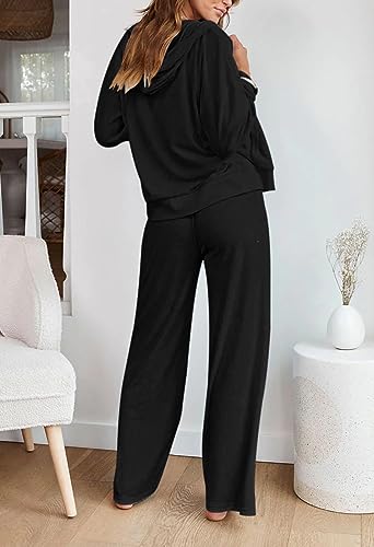 Kisscynest Women's 2 Piece Outfits Lounge Set Zip Up Hoodies High Waist Wide Leg Pants Sweatsuit Black L