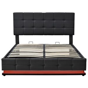 Gustonhon Queen Size Lift Up Storage Bed/Faux Leather Headboard with Storage and LED Lights and USB Charger,Hydraulic Storage System for Kids Teens and Adults, No Box Spring Needed(Black, Queen)