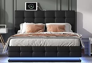 Gustonhon Queen Size Lift Up Storage Bed/Faux Leather Headboard with Storage and LED Lights and USB Charger,Hydraulic Storage System for Kids Teens and Adults, No Box Spring Needed(Black, Queen)