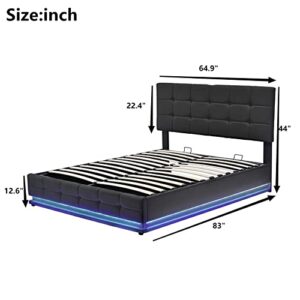 Gustonhon Queen Size Lift Up Storage Bed/Faux Leather Headboard with Storage and LED Lights and USB Charger,Hydraulic Storage System for Kids Teens and Adults, No Box Spring Needed(Black, Queen)