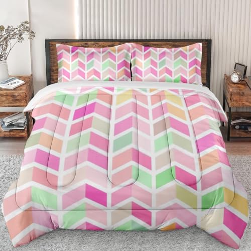 Comforter Set King Size, Rainbow Colorful Geometric Pink Soft Bedding Set for Kids and Adults, Zig Zag Modern Comforter Set with 2 Pillowcases for Bedroom Bed Decor