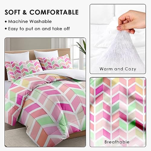 Comforter Set King Size, Rainbow Colorful Geometric Pink Soft Bedding Set for Kids and Adults, Zig Zag Modern Comforter Set with 2 Pillowcases for Bedroom Bed Decor