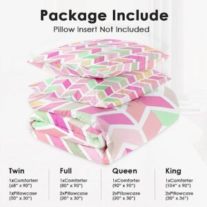 Comforter Set King Size, Rainbow Colorful Geometric Pink Soft Bedding Set for Kids and Adults, Zig Zag Modern Comforter Set with 2 Pillowcases for Bedroom Bed Decor