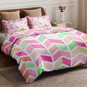 Comforter Set King Size, Rainbow Colorful Geometric Pink Soft Bedding Set for Kids and Adults, Zig Zag Modern Comforter Set with 2 Pillowcases for Bedroom Bed Decor