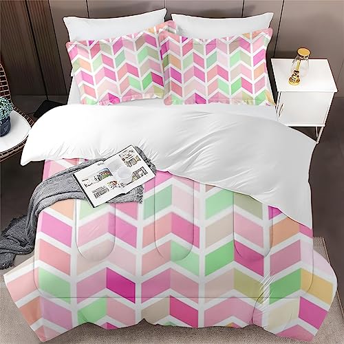 Comforter Set King Size, Rainbow Colorful Geometric Pink Soft Bedding Set for Kids and Adults, Zig Zag Modern Comforter Set with 2 Pillowcases for Bedroom Bed Decor