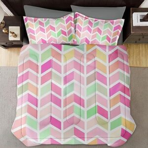 Comforter Set King Size, Rainbow Colorful Geometric Pink Soft Bedding Set for Kids and Adults, Zig Zag Modern Comforter Set with 2 Pillowcases for Bedroom Bed Decor