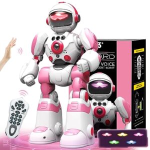 fuuy robot for kids 3-5, robot toys for girls with record voice & gesture sensing control programmable music dancing functions smart pink warrior birthday gift toys for toddler age 3 4-6 5-7 year old