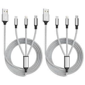 multi charging cable, (2 pack 4ft) multi usb charger cable 3 in 1 charging cable nylon braided fast charging cord with type-c, micro usb, lightning, ip port for most phones/ipads/iphones/tablets