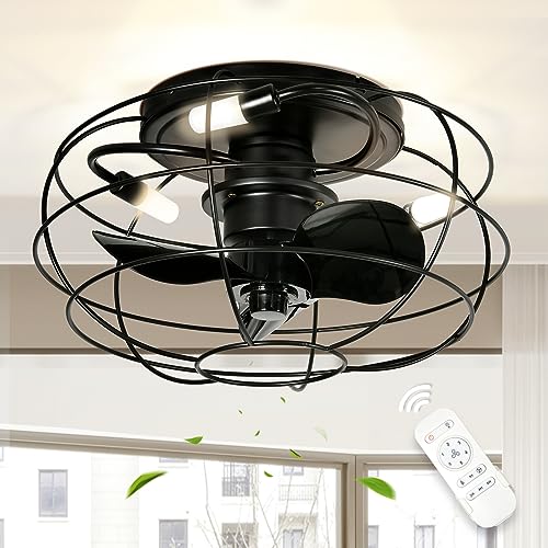 YITAHOME Low Profile Caged Ceiling Fans with Lights Remote Control, 15’’ Small Flush Mount Industrial Fan, Farmhouse Ceiling Fan with 3 Led Bulbs for Living Room, Bedroom, Kitchen, Dining Room, Black