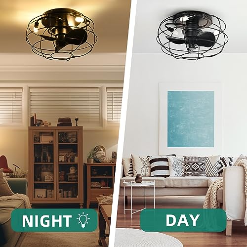 YITAHOME Low Profile Caged Ceiling Fans with Lights Remote Control, 15’’ Small Flush Mount Industrial Fan, Farmhouse Ceiling Fan with 3 Led Bulbs for Living Room, Bedroom, Kitchen, Dining Room, Black