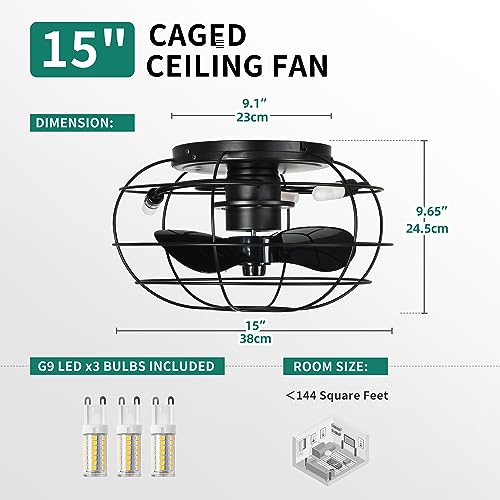 YITAHOME Low Profile Caged Ceiling Fans with Lights Remote Control, 15’’ Small Flush Mount Industrial Fan, Farmhouse Ceiling Fan with 3 Led Bulbs for Living Room, Bedroom, Kitchen, Dining Room, Black