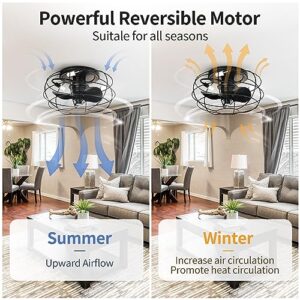 YITAHOME Low Profile Caged Ceiling Fans with Lights Remote Control, 15’’ Small Flush Mount Industrial Fan, Farmhouse Ceiling Fan with 3 Led Bulbs for Living Room, Bedroom, Kitchen, Dining Room, Black