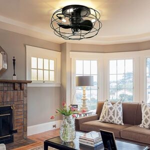 YITAHOME Low Profile Caged Ceiling Fans with Lights Remote Control, 15’’ Small Flush Mount Industrial Fan, Farmhouse Ceiling Fan with 3 Led Bulbs for Living Room, Bedroom, Kitchen, Dining Room, Black