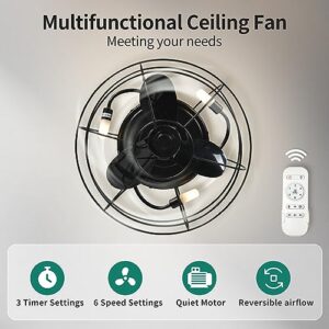 YITAHOME Low Profile Caged Ceiling Fans with Lights Remote Control, 15’’ Small Flush Mount Industrial Fan, Farmhouse Ceiling Fan with 3 Led Bulbs for Living Room, Bedroom, Kitchen, Dining Room, Black