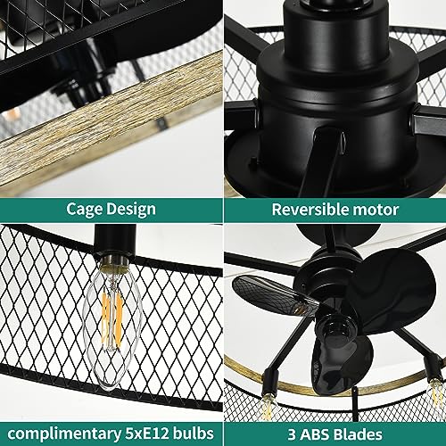 YITAHOME 20'' Modern Enclosed Ceiling Fan Indoor with Remote Control, Caged Industrial Ceiling Fan, Reversible Motor, 6 Speeds, Timer, for Living Room, Bedroom, Kitchen, Black & Oak