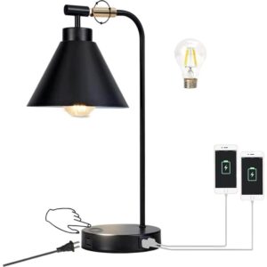 bedside desk lamps for bedroom - grey smoked glass shade table lamp with usb c port, fully dimmable small lamps with usb port and outlet, reading nightstand lamps for office living room