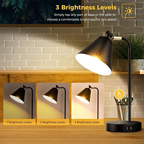 Bedside Desk Lamps for Bedroom - Grey Smoked Glass Shade Table Lamp with USB C Port, Fully Dimmable Small Lamps with USB Port and Outlet, Reading Nightstand Lamps for Office Living Room