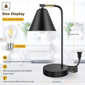 Bedside Desk Lamps for Bedroom - Grey Smoked Glass Shade Table Lamp with USB C Port, Fully Dimmable Small Lamps with USB Port and Outlet, Reading Nightstand Lamps for Office Living Room