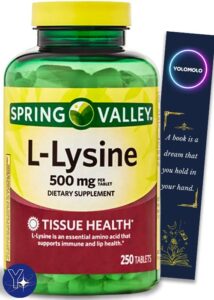 spring valley l-lysine dietary supplement, 500 mg, 250 count and bookmark gift of yolomolo