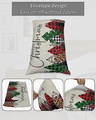 Christmas Tree Pillow Covers Standard Size Set of 2 Bed Pillow, Farmhouse Buffalo Plaid Winter Snowflake Plush Soft Comfort for Hair/ Skin Cooling Pillowcases with Envelop Closure 20x26 Inches