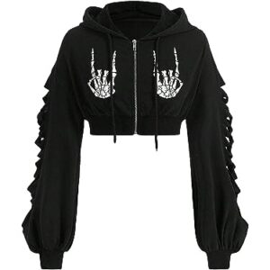 WDIRARA Women's Skeleton Skull Graphic Print Hoodie Drop Shoulder Drawstring Sweatshirt Zipper Up Long Sleeve Crop Top Black M