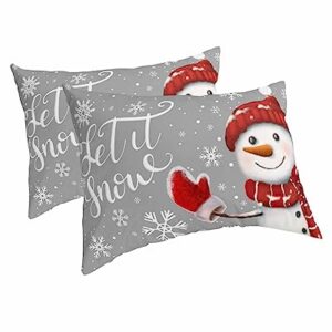 Edwiinsa Christmas Snowman Pillow Covers Standard Size Set of 2 Bed Pillow, Winter Red Snowflake Grey Plush Soft Comfort for Hair/Skin Cooling Pillowcases with Envelop Closure 20x26 Inches