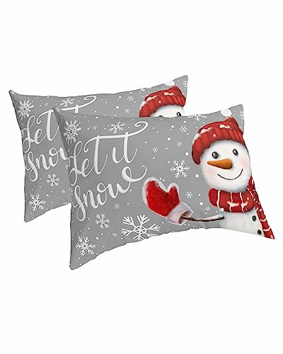 Edwiinsa Christmas Snowman Pillow Covers Standard Size Set of 2 Bed Pillow, Winter Red Snowflake Grey Plush Soft Comfort for Hair/Skin Cooling Pillowcases with Envelop Closure 20x26 Inches
