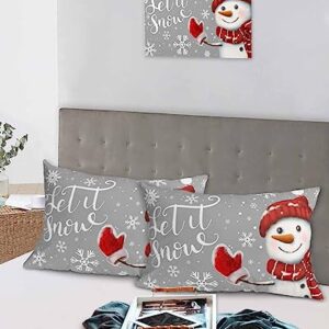 Edwiinsa Christmas Snowman Pillow Covers Standard Size Set of 2 Bed Pillow, Winter Red Snowflake Grey Plush Soft Comfort for Hair/Skin Cooling Pillowcases with Envelop Closure 20x26 Inches