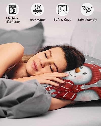 Edwiinsa Christmas Snowman Pillow Covers Standard Size Set of 2 Bed Pillow, Winter Red Snowflake Grey Plush Soft Comfort for Hair/Skin Cooling Pillowcases with Envelop Closure 20x26 Inches