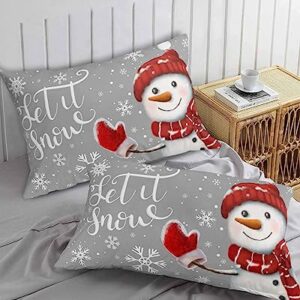 Edwiinsa Christmas Snowman Pillow Covers Standard Size Set of 2 Bed Pillow, Winter Red Snowflake Grey Plush Soft Comfort for Hair/Skin Cooling Pillowcases with Envelop Closure 20x26 Inches