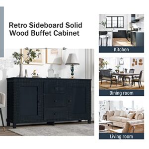 Lifeand Retro Solid Wood Buffet 2 Storage Cabinets, Adjustable Shelves and 3 Drawers for Living Room, Antique Black