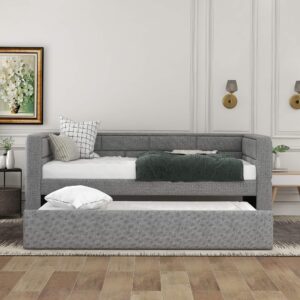 YuiHome Twin Upholstered Daybed with Trundle, Wooden Daybed Sofa Bed Frame with Padded Back, Twin Captain’s Bed for Living Room Bedroom,Gray