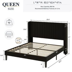 Allewie Queen Size Velvet Bed Frame/Vertical Channel Tufted Wingback Headboard/Upholstered Platform Bed/Strong Wooden Slats/No Box Spring Needed/Easy Assembly/Black