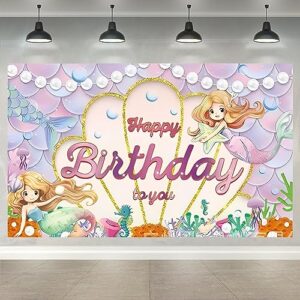 mermaid theme happy birthday decorations backdrop, mermaid birthday backdrop sign, happy birthday banner, photo background for girls, birthday party supplies 70.8 x 43.3 inches