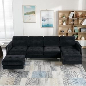 merax, black 110" l convertible sectional sofa velvet u shape couch with movable ottoman and storage for living room