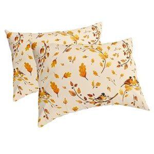 Edwiinsa Autumn Leaves Pillow Covers King Standard Set of 2 Bed Pillow, Farmhouse Fall Forest Maple Birds Plush Soft Comfort for Hair/Skin Cooling Pillowcases with Envelop Closure 20x36 Inches