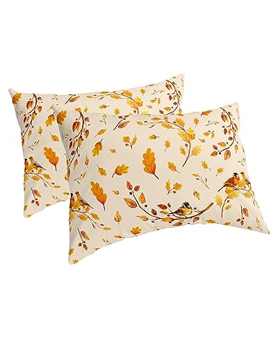 Edwiinsa Autumn Leaves Pillow Covers King Standard Set of 2 Bed Pillow, Farmhouse Fall Forest Maple Birds Plush Soft Comfort for Hair/Skin Cooling Pillowcases with Envelop Closure 20x36 Inches