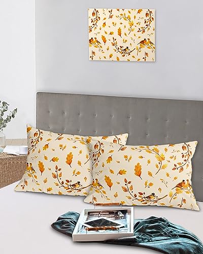 Edwiinsa Autumn Leaves Pillow Covers King Standard Set of 2 Bed Pillow, Farmhouse Fall Forest Maple Birds Plush Soft Comfort for Hair/Skin Cooling Pillowcases with Envelop Closure 20x36 Inches