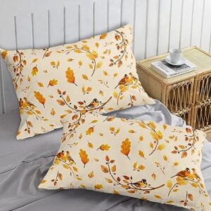 Edwiinsa Autumn Leaves Pillow Covers King Standard Set of 2 Bed Pillow, Farmhouse Fall Forest Maple Birds Plush Soft Comfort for Hair/Skin Cooling Pillowcases with Envelop Closure 20x36 Inches