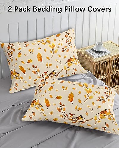Edwiinsa Autumn Leaves Pillow Covers King Standard Set of 2 Bed Pillow, Farmhouse Fall Forest Maple Birds Plush Soft Comfort for Hair/Skin Cooling Pillowcases with Envelop Closure 20x36 Inches